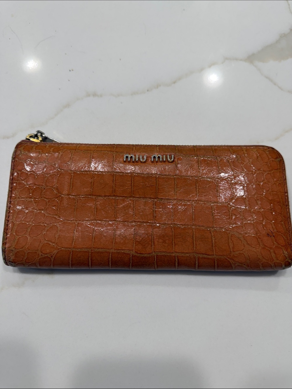 Miu Miu Croc-Embossed Zip Wallet in Brown